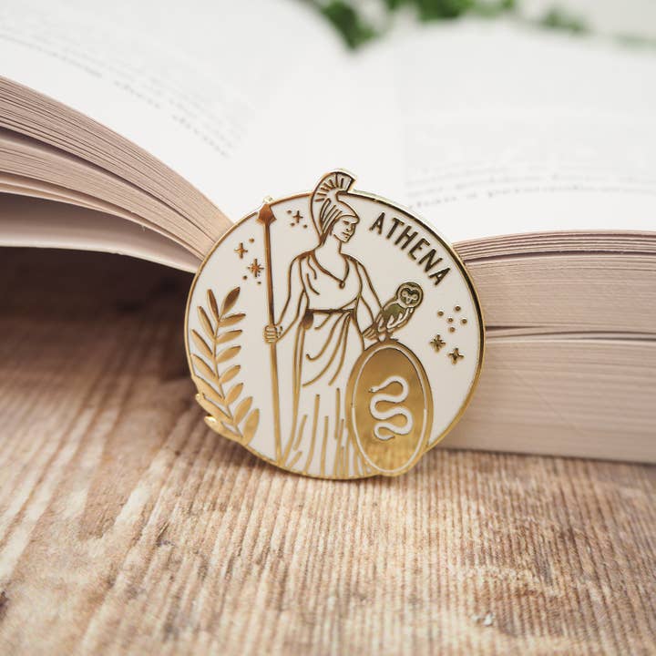 Athena Enamel Gold Pin Badge - Greek Mythology Collection / Κονκάρδα Θεά Αθηνά - Diavazo Greek Books
