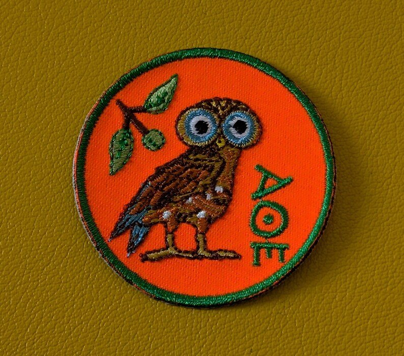 Unique Embroidered Owl Iron - on Patch Inspired by Ancient Greece - Diavazo Greek Books